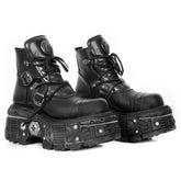 NEW ROCK - M-TANK007-S1 Black Leather Platform Combat Boots